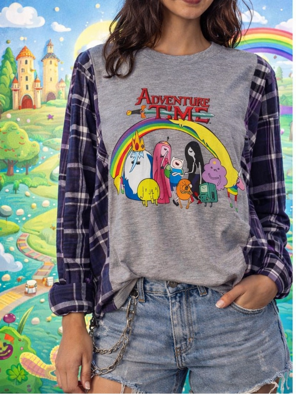 Adventure Time Upcycled Graphic Rock Top With Flannel Sleeves Custom OOAK OSFM